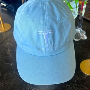 EUC Tesla blue baseball hat with white logo adjustable strap 100% cotton